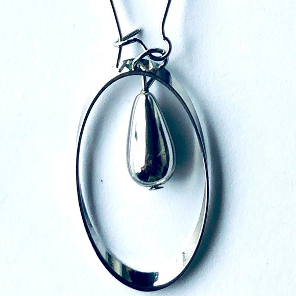 Long Drop Hoop Silver Tone Minimalist Earrings - Picture 3 of 3